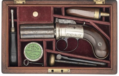Lot 445 - A CASED 120 BORE SIX-SHOT PERCUSSION PEPPERBOX REVOLVER, NO. 338, MID-19TH CENTURY