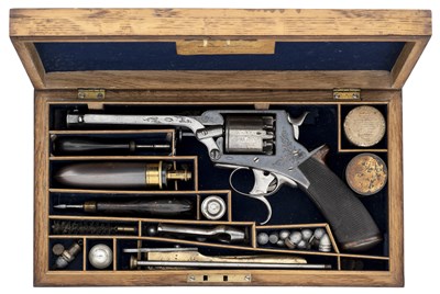 Lot 449 - A RARE CASED 54 BORE TRANTERS PATENT FIVE-SHOT TRIPLE-ACTION PERCUSSION REVOLVER RETAILED BY