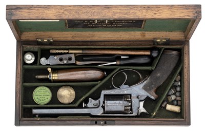 Lot 450 - A CASED 54 BORE PERCUSSION BEAUMONT-ADAMS PATENT DOUBLE-ACTION FIVE-SHOT REVOLVER BY THE LONDON
