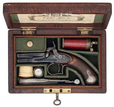 Lot 457 - A FINE AND RARE CASED 120 BORE SILVER-MOUNTED SINGLE-TRIGGER OVER AND UNDER PERCUSSION PISTOL