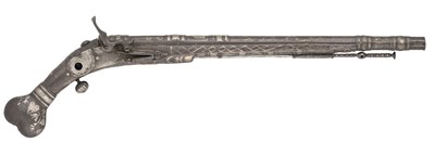 Lot 467 - A VERY RARE 28 BORE EAST SCOTTISH FLINTLOCK BELT PISTOL FORMED ENTIRELY OF STEEL