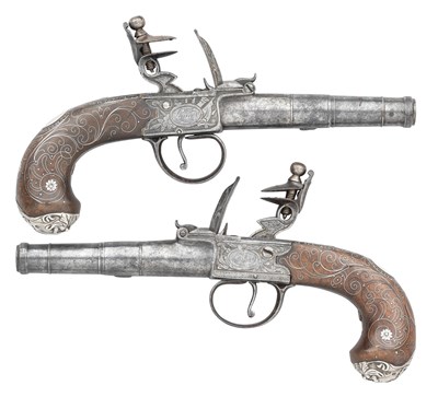 Lot 473 - A PAIR OF 50 BORE ENGLISH SILVER-MOUNTED FLINTLOCK POCKET PISTOLS SIGNED PERRY