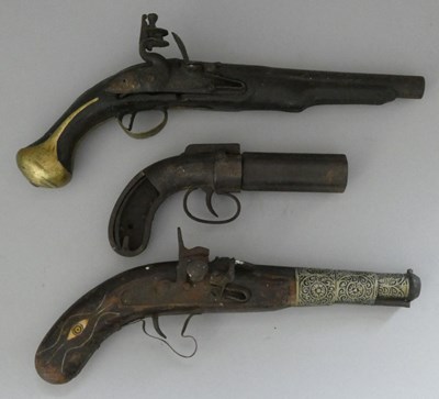 Lot 476 - AN 18 BORE COMPOSITE FLINTLOCK PISTOL, EARLY 19TH CENTURY, AND OTHERS