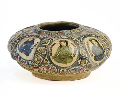 Lot 24 - A MINA'I POTTERY MONEY BOWL, SELJUK IRAN, CIRCA 1200