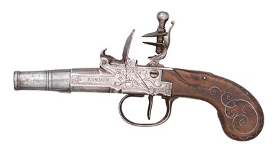 Lot 524 - A 100 BORE BELGIAN FLINTLOCK POCKET PISTOL SIGNED SEGAlLAS
