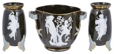 Lot 40 - A PAIR OF GEORGE JONES PATE-SUR-PATE VASES AND A JARDINIERE