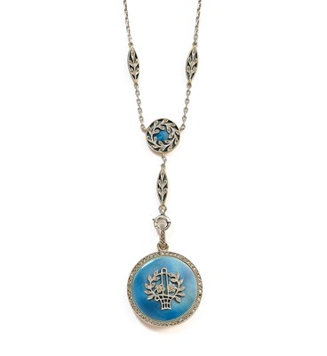 Lot 362 - BELLE EPOQUE ENAMEL AND DIAMOND LOCKET, 1910s