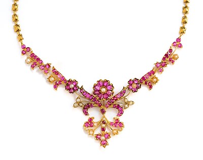 Lot 344 - GOLD, RUBY AND SEED-PEARL NECKLACE, 1890s