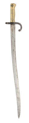 Lot 594 - A FRENCH MODEL 1866 CHASSEPOT BAYONET, DATED 1872, A LEATHER SHOT-FLASK, A TRIBAL HORN FLASK AND A COPPER ALLOY FLASK BODY, 19TH CENTURY