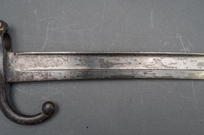 Lot 594 - A FRENCH MODEL 1866 CHASSEPOT BAYONET, DATED 1872, A LEATHER SHOT-FLASK, A TRIBAL HORN FLASK AND A COPPER ALLOY FLASK BODY, 19TH CENTURY