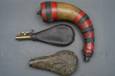 Lot 594 - A FRENCH MODEL 1866 CHASSEPOT BAYONET, DATED 1872, A LEATHER SHOT-FLASK, A TRIBAL HORN FLASK AND A COPPER ALLOY FLASK BODY, 19TH CENTURY