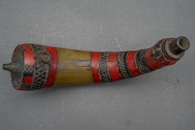 Lot 594 - A FRENCH MODEL 1866 CHASSEPOT BAYONET, DATED 1872, A LEATHER SHOT-FLASK, A TRIBAL HORN FLASK AND A COPPER ALLOY FLASK BODY, 19TH CENTURY