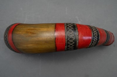 Lot 594 - A FRENCH MODEL 1866 CHASSEPOT BAYONET, DATED 1872, A LEATHER SHOT-FLASK, A TRIBAL HORN FLASK AND A COPPER ALLOY FLASK BODY, 19TH CENTURY