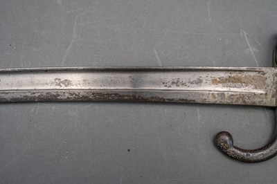 Lot 594 - A FRENCH MODEL 1866 CHASSEPOT BAYONET, DATED 1872, A LEATHER SHOT-FLASK, A TRIBAL HORN FLASK AND A COPPER ALLOY FLASK BODY, 19TH CENTURY