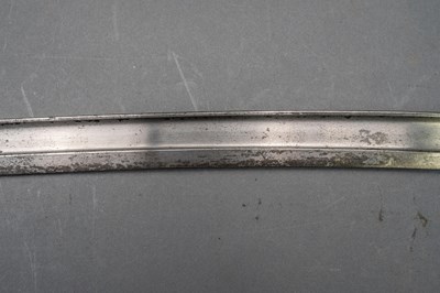 Lot 594 - A FRENCH MODEL 1866 CHASSEPOT BAYONET, DATED 1872, A LEATHER SHOT-FLASK, A TRIBAL HORN FLASK AND A COPPER ALLOY FLASK BODY, 19TH CENTURY