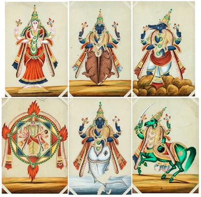 Lot 102 - SIX PAINTINGS OF FORMS OF VISHNU, TRICHINOPOLY, MID 19TH CENTURY