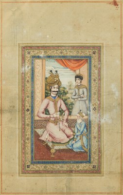 Lot 195 - A PORTRAIT OF A SAFAVID SHAH, QAJAR PERSIA, FIRST HALF 19TH CENTURY