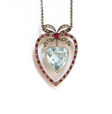 Lot 358 - AQUAMARINE, RUBY AND DIAMOND PENDANT, 1910s