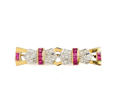 Lot 414 - □ RUBY AND DIAMOND BAR BROOCH, 1940s