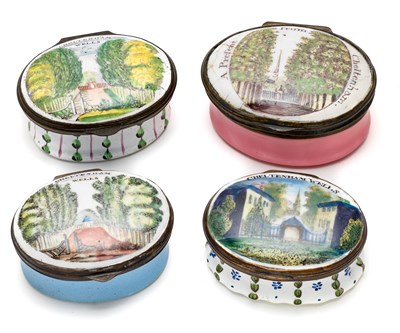Lot 405 - A GROUP OF FOUR ENGLISH ENAMEL 'CHELTENHAM SOUVENIR' PATCH BOXES