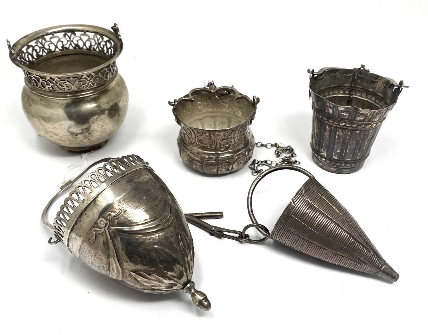 Lot 57 - A GROUP OF FIVE CONTINENTAL SILVER SMALL SANCTUARY LAMPS, PROBABLY ITALIAN OR SPANISH, 18TH / 19TH CENTURY