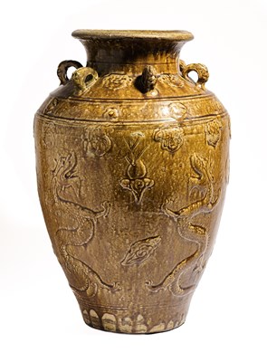 Lot 103 - A CHINESE MARTABAN BROWN-GLAZED 'DRAGON' JAR,  MING DYNASTY