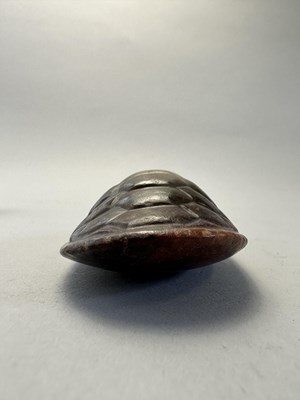 Lot 87 - A CHINESE CELADON AND RUSSET JADE TURTLE SHELL