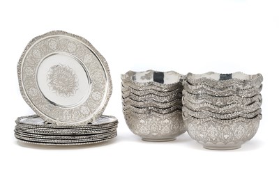 Lot 61 - A SET OF TWELVE IRANI BOWLS AND TWELVE SAUCERS, RETAILED BY JAHRAMI, ISFAHAN, MID 20TH CENTURY