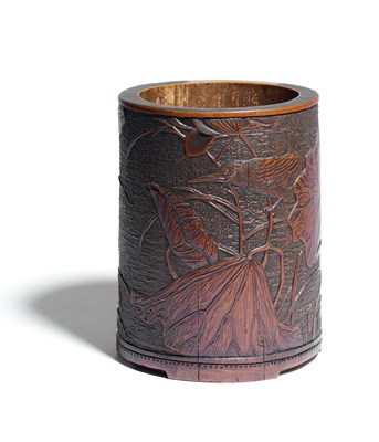 Lot 94 - A CHINESE CARVED BAMBOO 'LOTUS POND' BRUSH POT, BITONG, QING DYNASTY, 18TH CENTURY