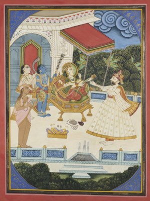 Lot 328 - A RULER, PROBABLY THAKAT SINGH, WORSHIPPING DURGA, MARWAR, JODHPUR, MID-19TH CENTURY
