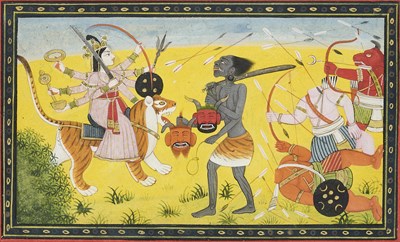 Lot 304 - A PAHARI DEVIMAHATMYA SCENE, NORTH-WESTERN INDIA, FIRST HALF 19TH CENTURY