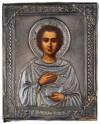 Lot 35 - A RUSSIAN ICON OF SAINT PANTELEIMON WITH SILVER OKLAD, SEMYON GALKIN, MOSCOW, 1899-1908