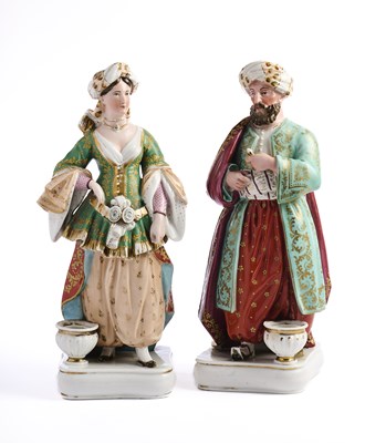 Lot 8 - A PAIR OF PARIS PORCELAIN 'TURQUERIE' FIGURAL FLASKS, PROBABLY JACOB PETIT, MID 19TH CENTURY
