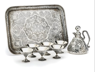 Lot 60 - AN IRANI LIQUEUR SET AND TRAY, RASOOL PARVARESH, ISFAHAN, CIRCA 1960