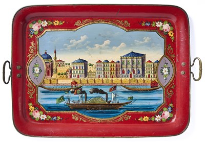 Lot 52 - AN OTTOMAN MARKET TOLE WARE TRAY, RUSSIAN, LATE 19TH CENTURY