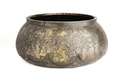 Lot 77 - A QAJAR SILVER INLAID BRASS BOWL, PERSIA, MID 19TH CENTURY