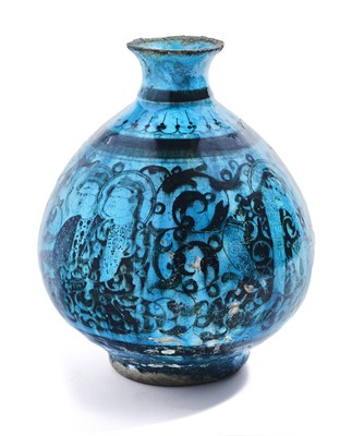 Lot 141 - A SELJUK BLACK PAINTED BOTTLE, KASHAN, PERSIA, 19TH CENTURY OR EARLIER