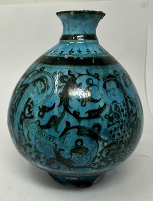 Lot 52 - A SELJUK BLACK PAINTED BOTTLE, KASHAN, PERSIA, 13TH CENTURY OR LATER