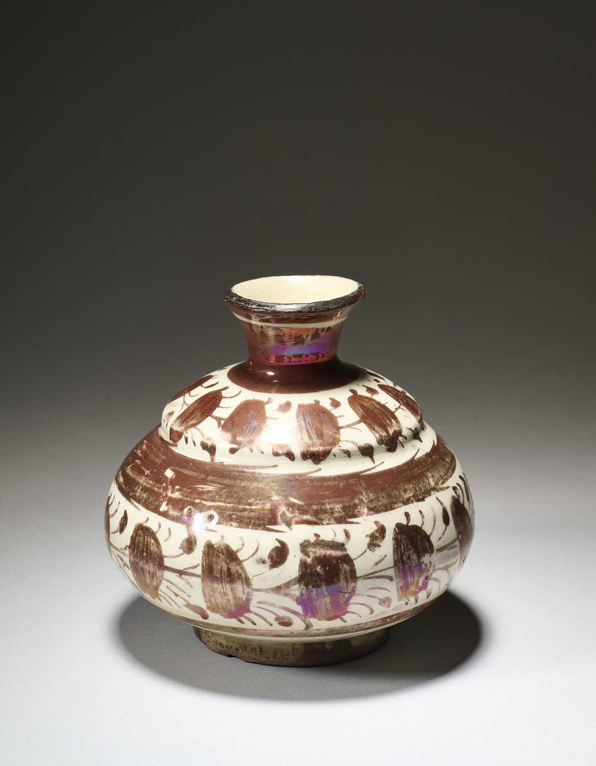 Lot 513 - A SAFAVID LUSTRE PAINTED POTTERY BOTTLE, PERSIA, 17TH CENTURY