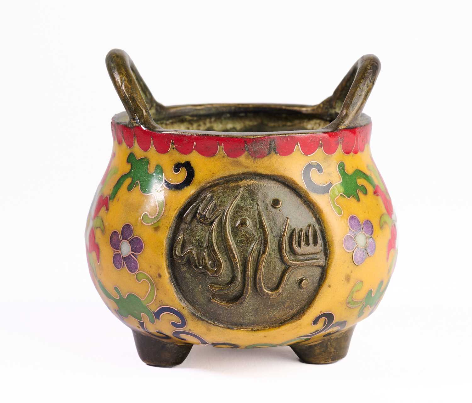 Lot 34 - A CHINESE CLOISONNE ENAMEL AND BRONZE TRIPOD CENSER FOR THE ISLAMIC MARKET, LATE QING DYNASTY