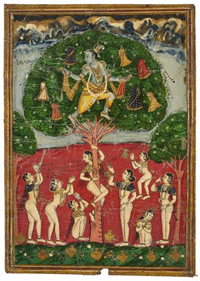 Lot 336 - KRISHNA HIDES THE CLOTHES OF THE GOPIS, KURNOOL, DECCAN, SECOND HALF 19TH CENTURY