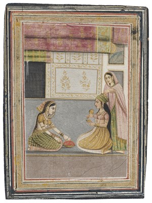 Lot 573 - A MAIDEN WITH ATTENDANTS, MUGHAL, INDIA, CIRCA 1700