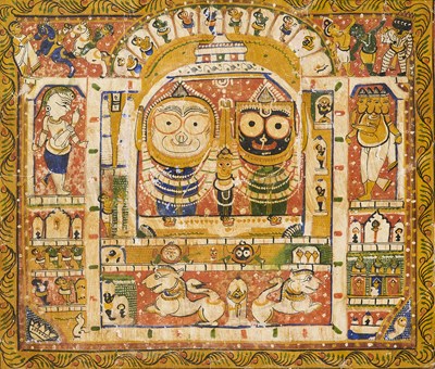 Lot 326 - A PILGRIMAGE PAINTING OF THE JAGANNATH DEITIES, PURI, ORISSA (NOW ODISHA), EASTERN INDIA, CIRCA 1900