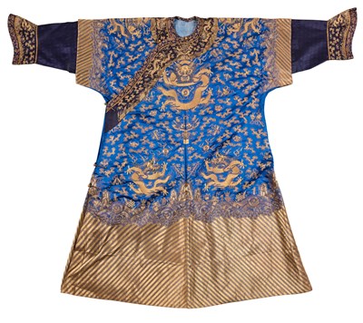 Lot 70 - A CHINESE EMBROIDERED SILK ‘NINE DRAGON’ ROBE, JIFU, LATE QING DYNASTY, CIRCA 1900