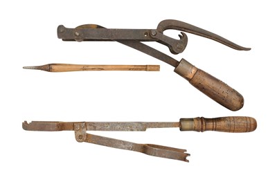 Lot 491 - TWO GOAT'S FOOT LEVERS FOR CROSSBOWS, 19TH CENTURY