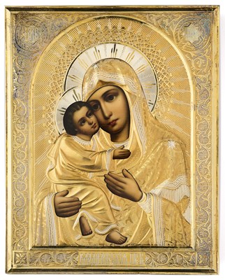 Lot 551 - A RUSSIAN ICON OF THE VLADIMIR MOTHER OF GOD WITH PARCEL-GILT-SILVER OKLAD, MAKER'S MARK GS, MOSCOW, 1908-17