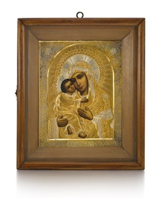 Lot 551 - A RUSSIAN ICON OF THE VLADIMIR MOTHER OF GOD WITH PARCEL-GILT-SILVER OKLAD, MAKER'S MARK GS, MOSCOW, 1908-17