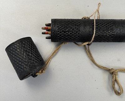 Lot 3 - A JAPANESE BOW (YUMI), BOW-STRING REEL, SIX ARROWS AND QUIVER (YADZUTSU), LATE EDO PERIOD, 19TH CENTURY/EARLY 20TH CENTURY