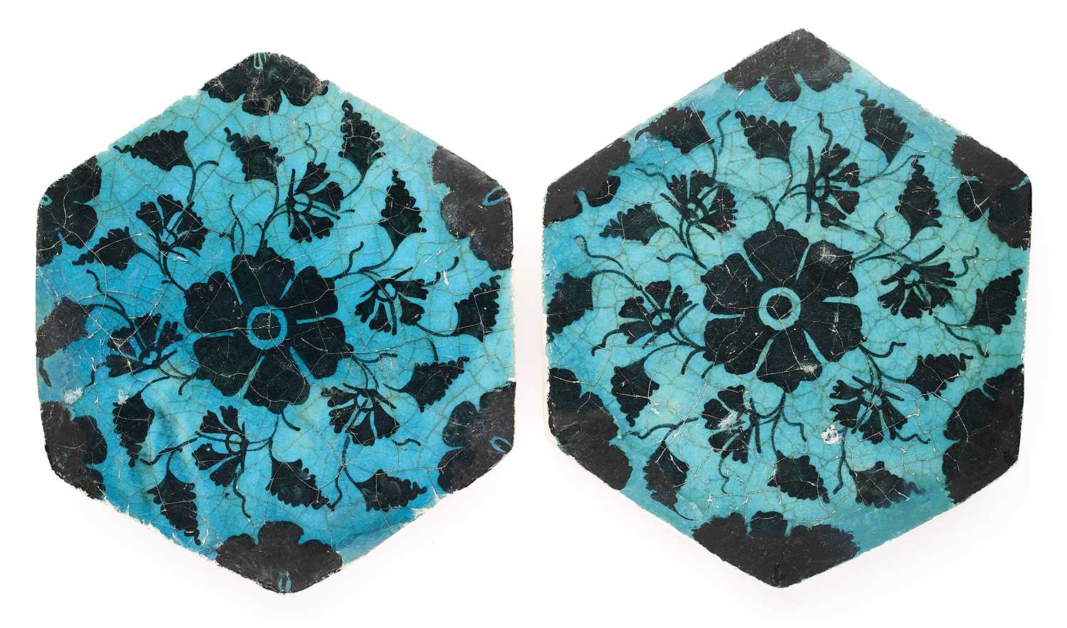 Lot 56 - TWO HEXAGONAL TILES, PROBABLY TABRIZ, PERSIA, 15TH CENTURY