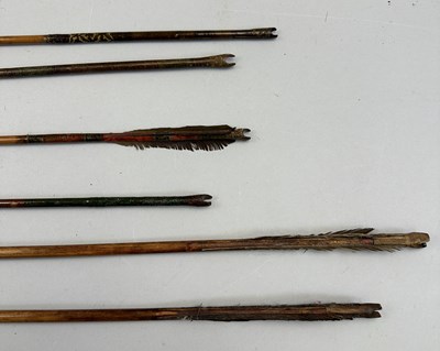 Lot 33 - THREE INDIAN ARROWS WITH CRESCENTIC HEADS AND THREE INDIAN ARROWS WITH SPATULATE HEADS, 18TH/19TH CENTURY